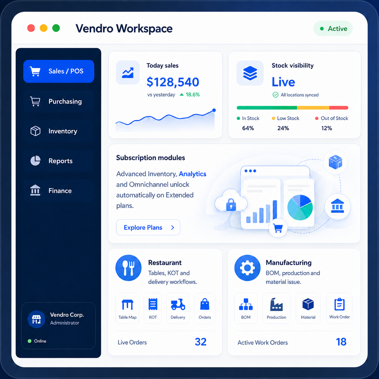 Vendro Connect business workspace dashboard